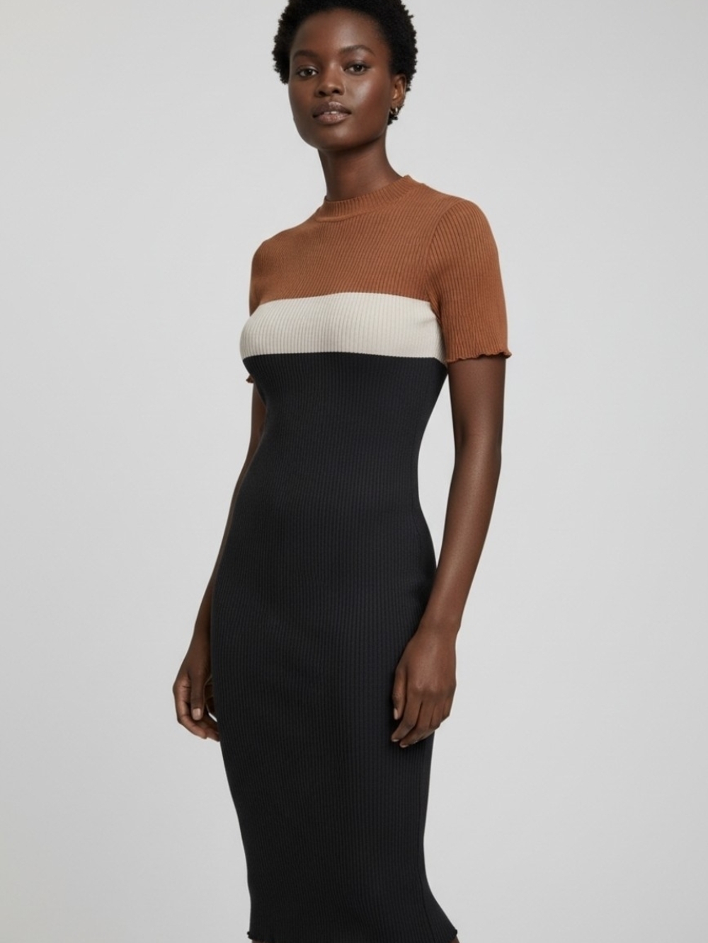 PatPat Ribbed Midi Dress in Black, Cream & Brown